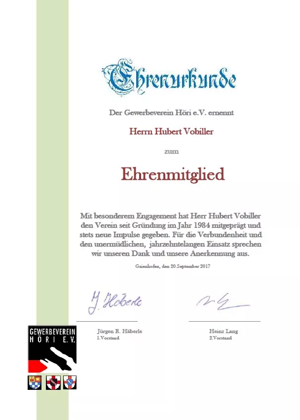 Ehrenurkunde von Hubert Vobiller